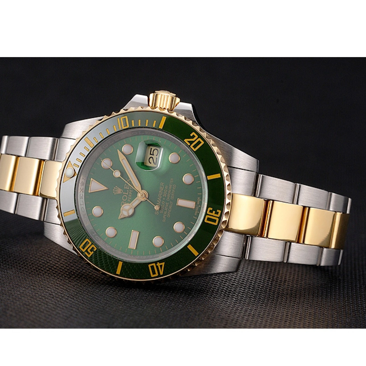 Aaa replica watch Gold Submariner Rolex Green Dial Tone Steel Two Swiss Bracelet Bezel And 0711